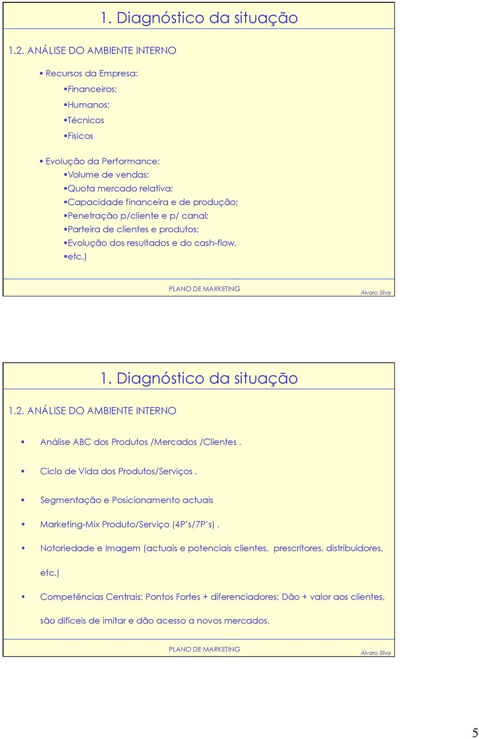 Penetração p/cliente e p/ canal; Parteira de clientes e produtos; Evolução dos resultados e do cash-flow, etc.)  ANÁLISE DO AMBIENTE INTERNO Análise ABC dos Produtos /Mercados /Clientes.