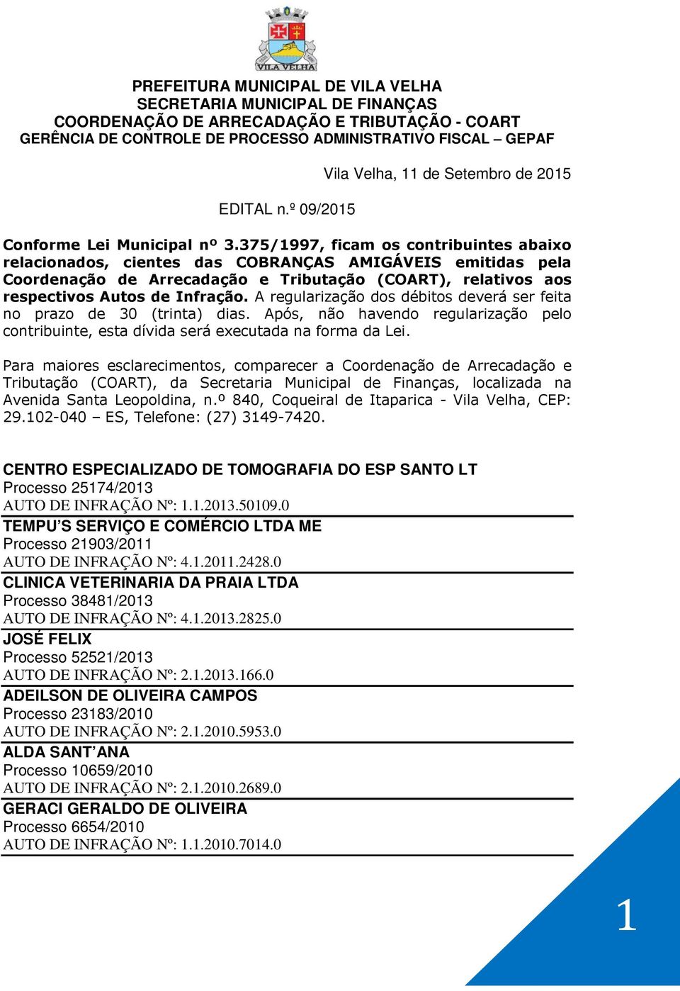 375/1997, ficam os contribuintes abaixo relacionados, cientes das COBRANÇAS AMIGÁVEIS emitidas pela Coordenação de Arrecadação e Tributação (COART), relativos aos respectivos Autos de Infração.