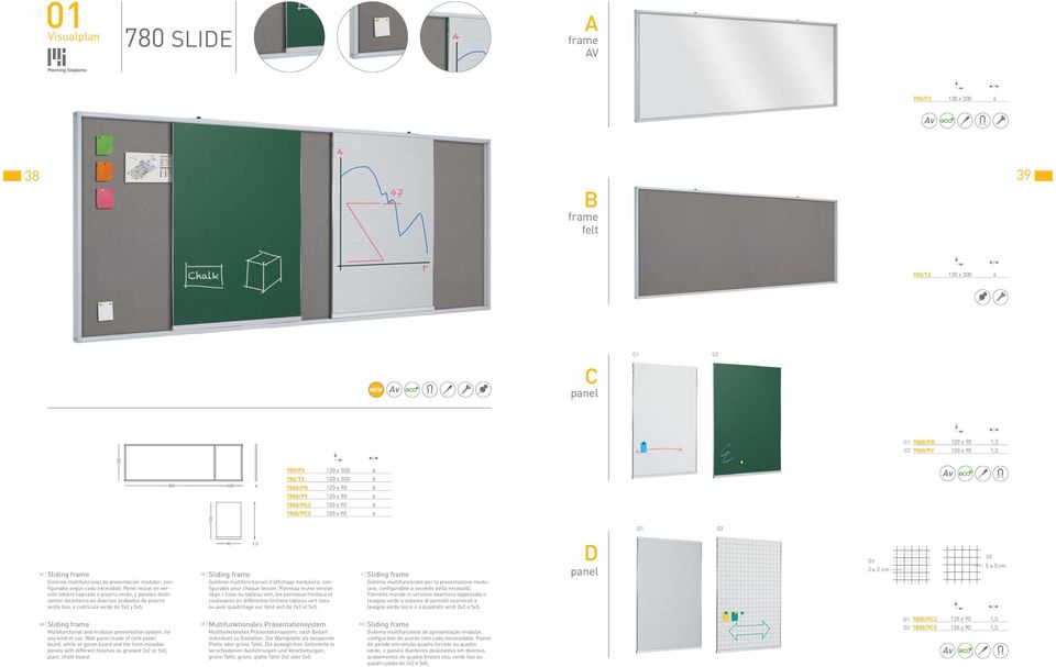 Panel mural en versión tablero tapizado o pizarra verde, y paneles deslizantes delanteros en diversos acabados de pizarra verde lisa, o cudricula verde de 22 y 55.