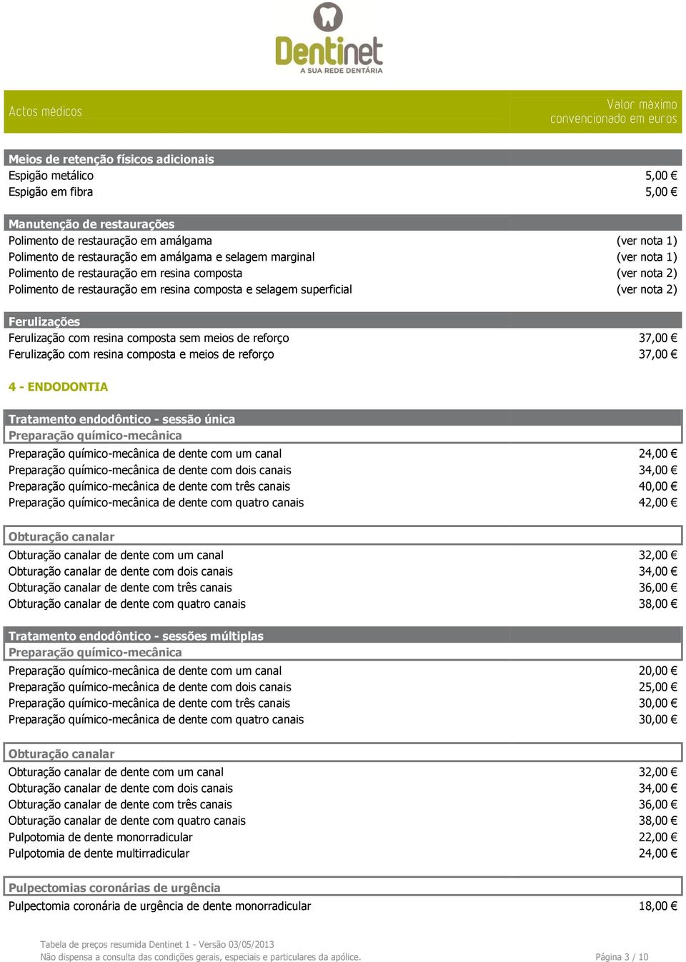 resina composta sem meios de reforço 37,00 Ferulização com resina composta e meios de reforço 37,00 4 - ENDODONTIA Tratamento endodôntico - sessão única Preparação químico-mecânica Preparação