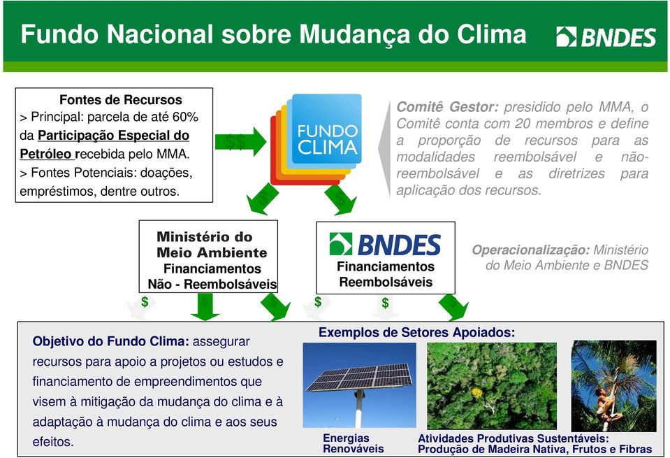 $$ $ $ Comitê Gestor: presidido pelo MMA, o Comitê conta com 20 membros e define a proporção de recursos para as modalidades reembolsável e nãoreembolsável e as diretrizes para aplicação dos recursos.