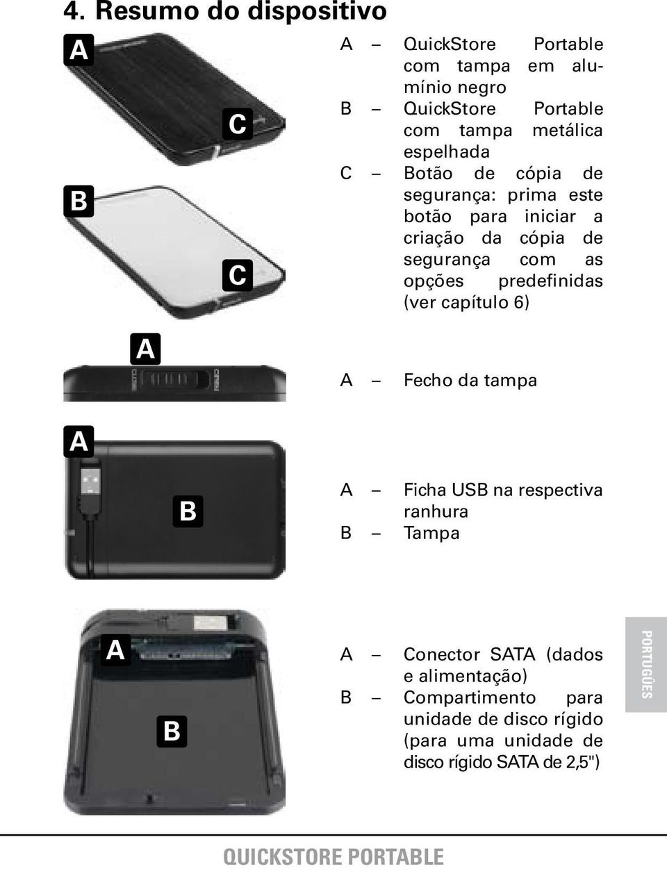 as opções predefinidas (ver capítulo 6) A A Fecho da tampa A B A Ficha USB na respectiva ranhura B Tampa A B A