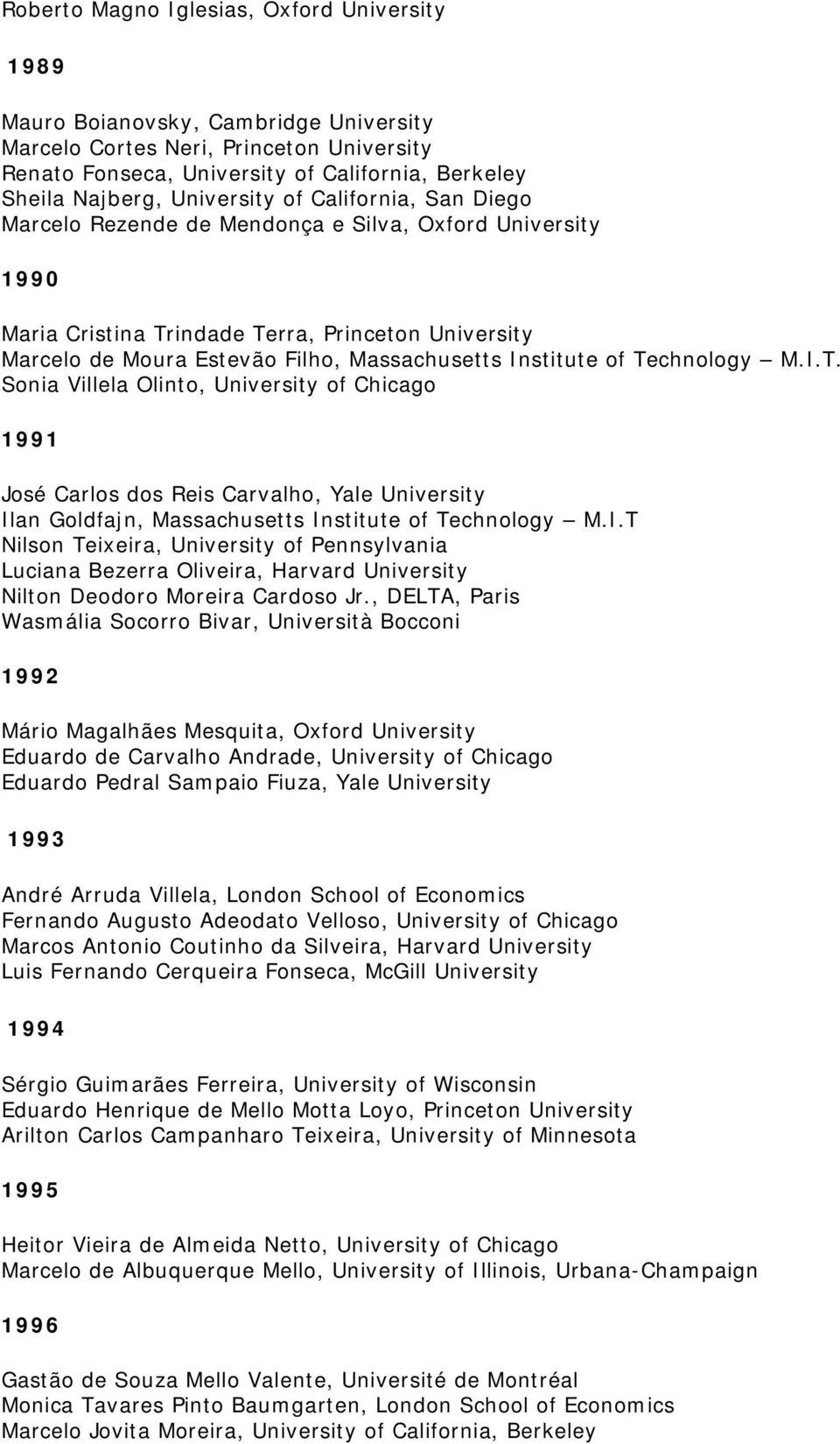 Institute of Technology M.I.T. Sonia Villela Olinto, University of Chicago 1991 José Carlos dos Reis Carvalho, Yale University Ilan Goldfajn, Massachusetts Institute of Technology M.I.T Nilson Teixeira, University of Pennsylvania Luciana Bezerra Oliveira, Harvard University Nilton Deodoro Moreira Cardoso Jr.