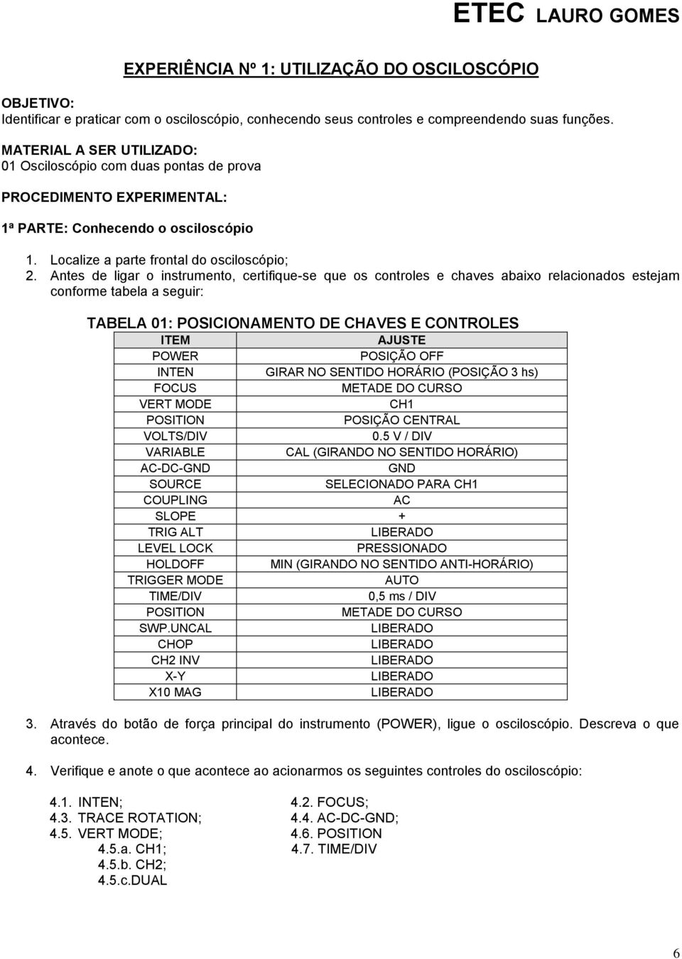 Antes de ligar o instrumento, certifique-se que os controles e chaves abaixo relacionados estejam conforme tabela a seguir: TABELA 01: POSICIONAMENTO DE CHAVES E CONTROLES ITEM AJUSTE POWER POSIÇÃO