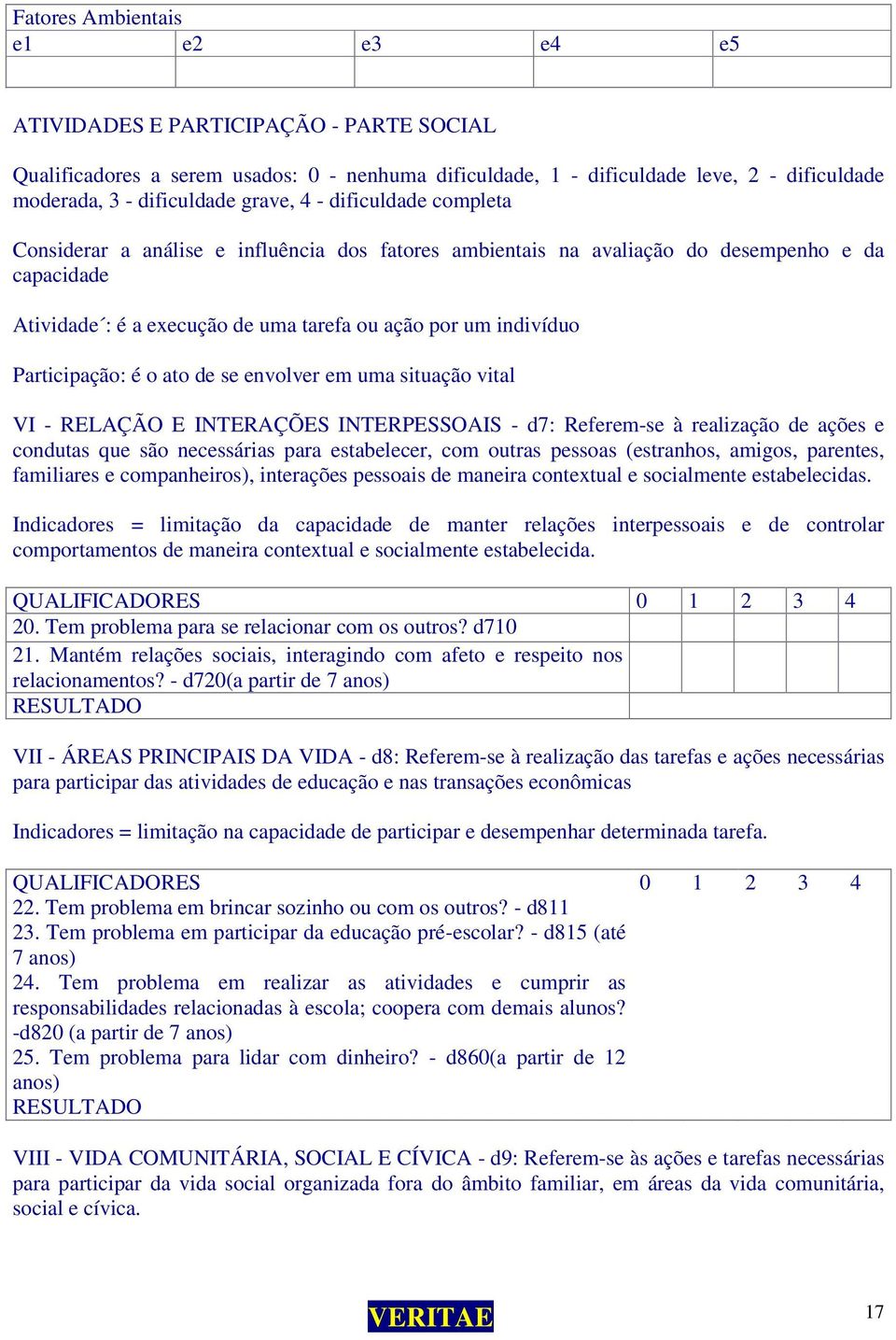 Participação: é o ato de se envolver em uma situação vital VI - RELAÇÃO E INTERAÇÕES INTERPESSOAIS - d7: Referem-se à realização de ações e condutas que são necessárias para estabelecer, com outras