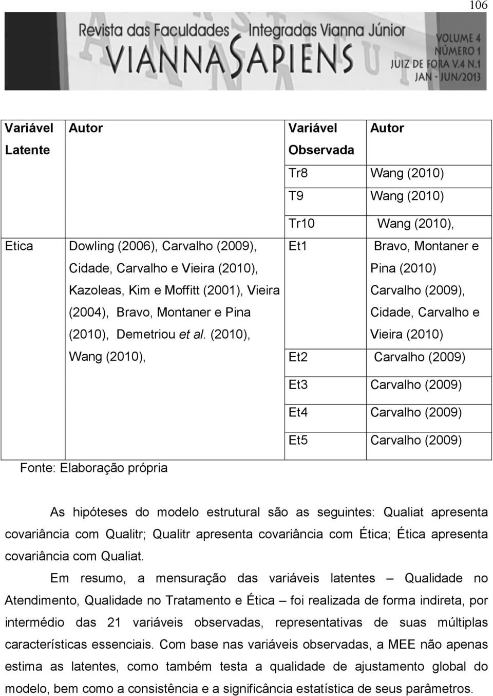 (2010), Wang (2010), Tr10 Wang (2010), Et1 Bravo, Montaner e Pina (2010) Carvalho (2009), Cidade, Carvalho e Vieira (2010) Et2 Carvalho (2009) Et3 Carvalho (2009) Et4 Carvalho (2009) Et5 Carvalho