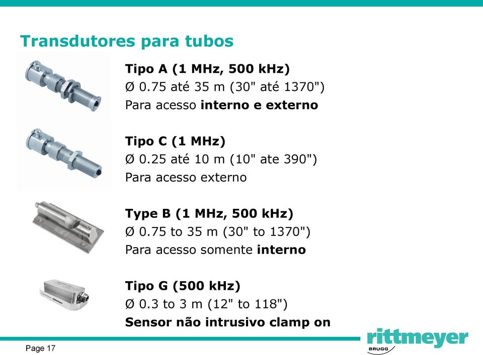 25 até 10 m (10" ate 390") Para acesso externo Type B (1 MHz, 500 khz) Ø 0.