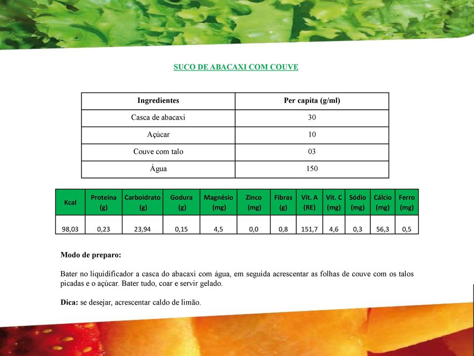 liquidificador a casca do abacaxi com água, em seguida acrescentar as folhas de couve com