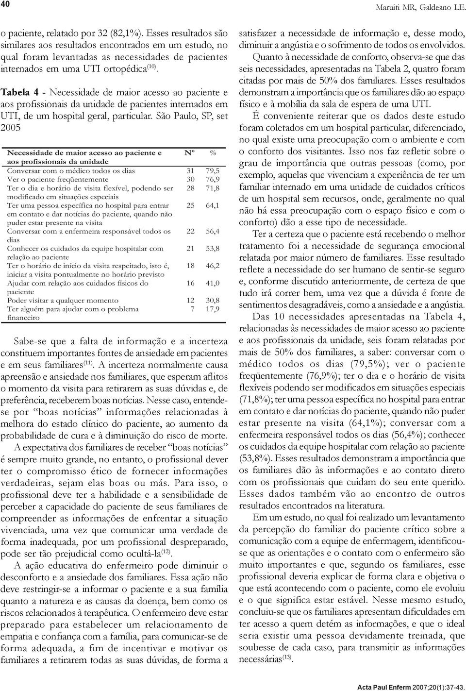 Tabela 4 - Necessidade de maior acesso ao e aos profissionais da unidade de s internados em UTI, de um hospital geral, particular.