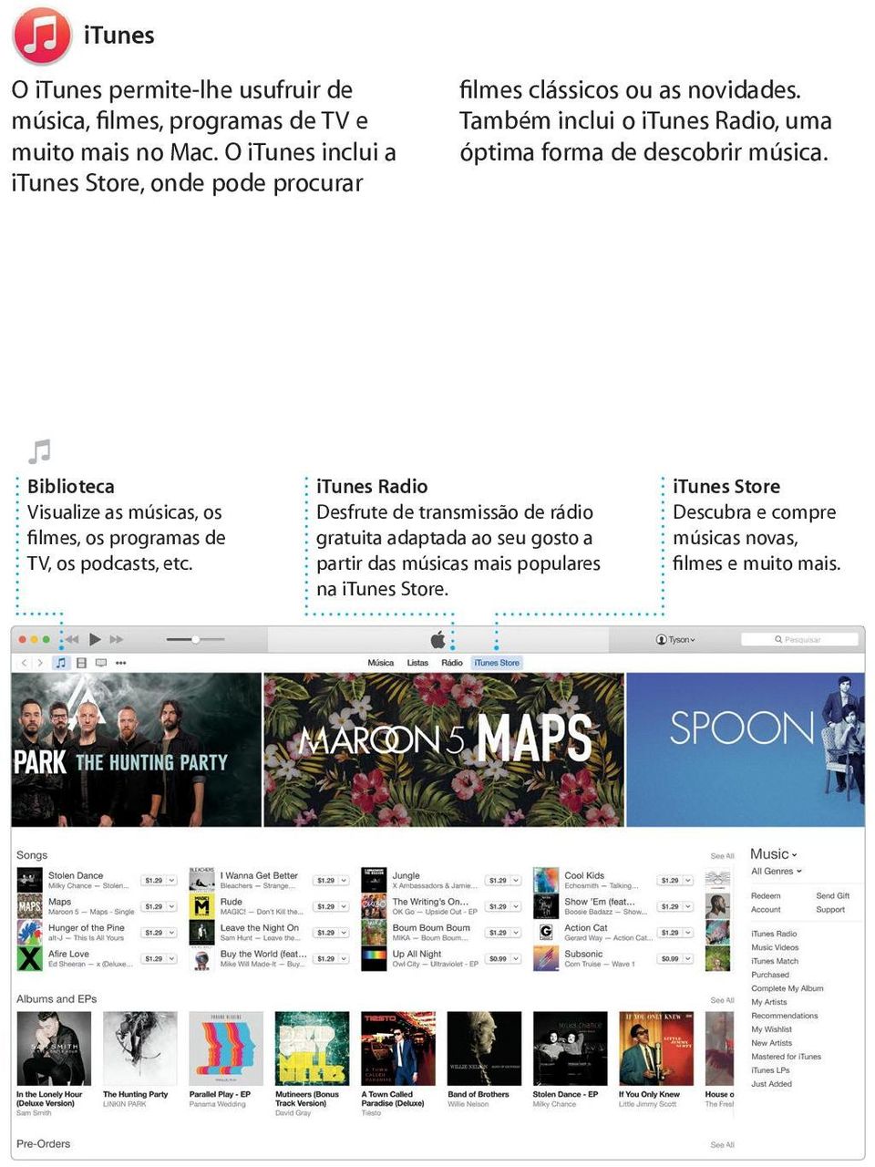 etc. filmes clássicos ou as novidades. Também inclui o itunes Radio, uma óptima forma de descobrir música.