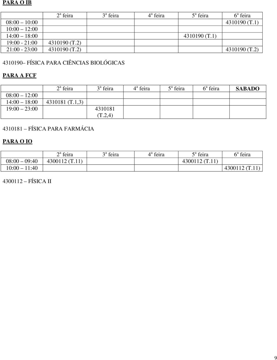 2) 4310190 FÍSICA PARA CIÊNCIAS BIOLÓGICAS PARA A FCF SABADO 08:00 12:00 14:00 18:00 4310181 (T.