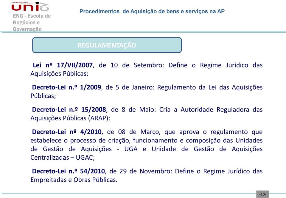 º 15/2008, de 8 de Maio: Cria a Autoridade Reguladora das Aquisições Públicas (ARAP); Decreto-Lei nº 4/2010, de 08 de Março, que aprova o regulamento que