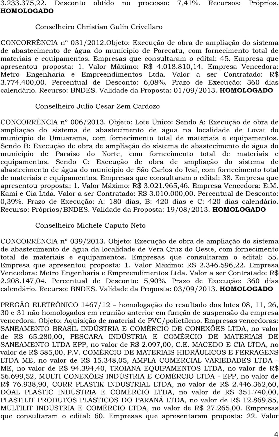 Empresa que apresentou proposta: 1. Valor Máximo: R$ 4.018.810,14. Empresa Vencedora: Metro Engenharia e Empreendimentos Ltda. Valor a ser Contratado: R$ 3.774.400,00. Percentual de Desconto: 6,08%.