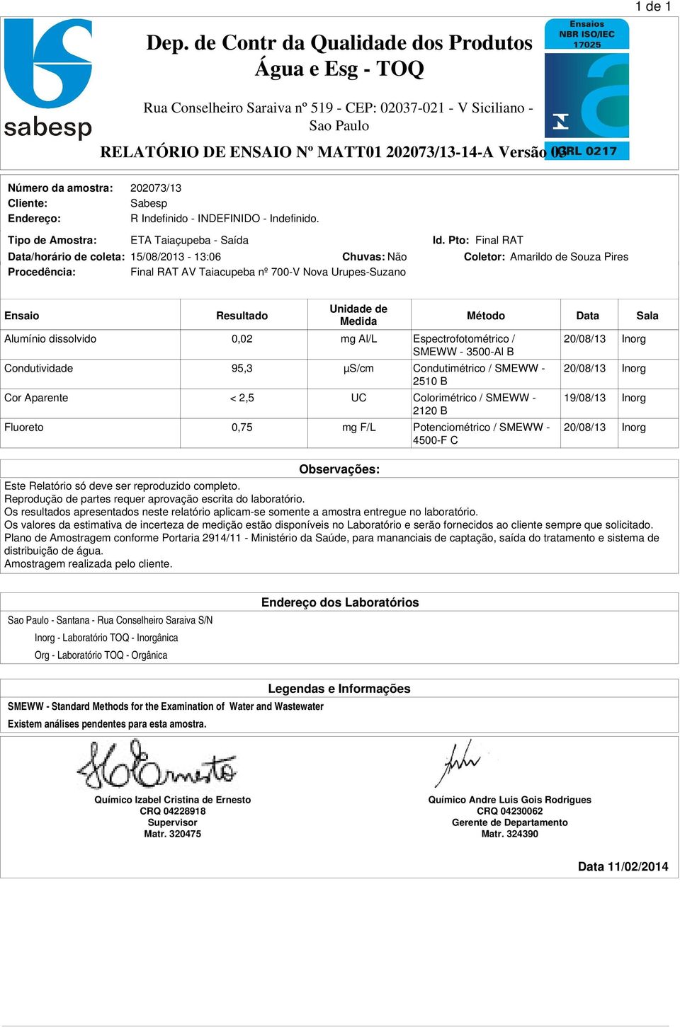 ser reproduzido completo. Reprodução de partes requer aprovação escrita do laboratório. Os resultados apresentados neste relatório aplicam-se somente a amostra entregue no laboratório.