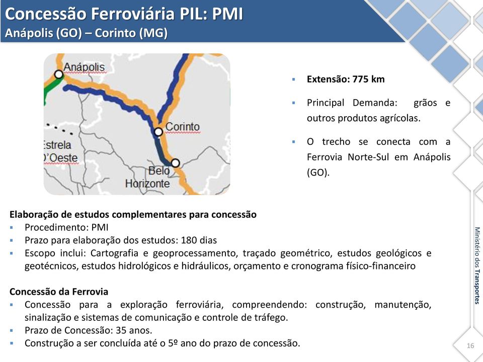 Elaboração de estudos complementares para concessão Procedimento: PMI Prazo para elaboração dos estudos: 180 dias Escopo inclui: Cartografia e geoprocessamento, traçado geométrico,