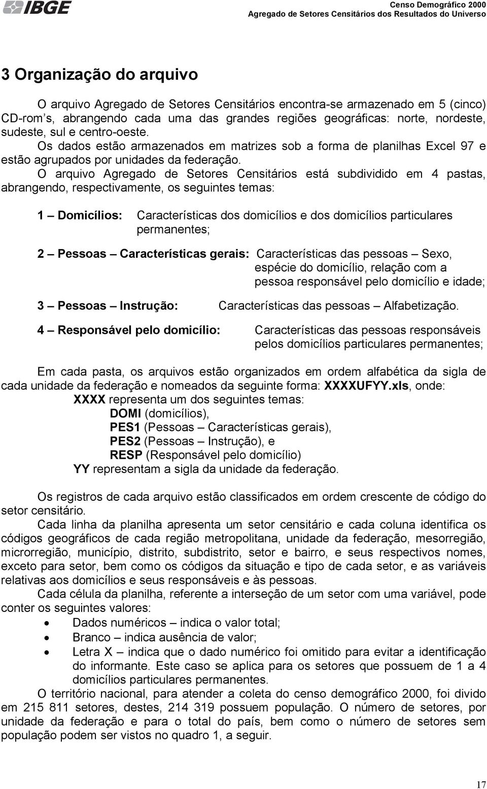 O arquivo Agregado de Setores Censitários está subdividido em 4 pastas, abrangendo, respectivamente, os seguintes temas: 1 Domicílios: Características dos domicílios e dos domicílios particulares