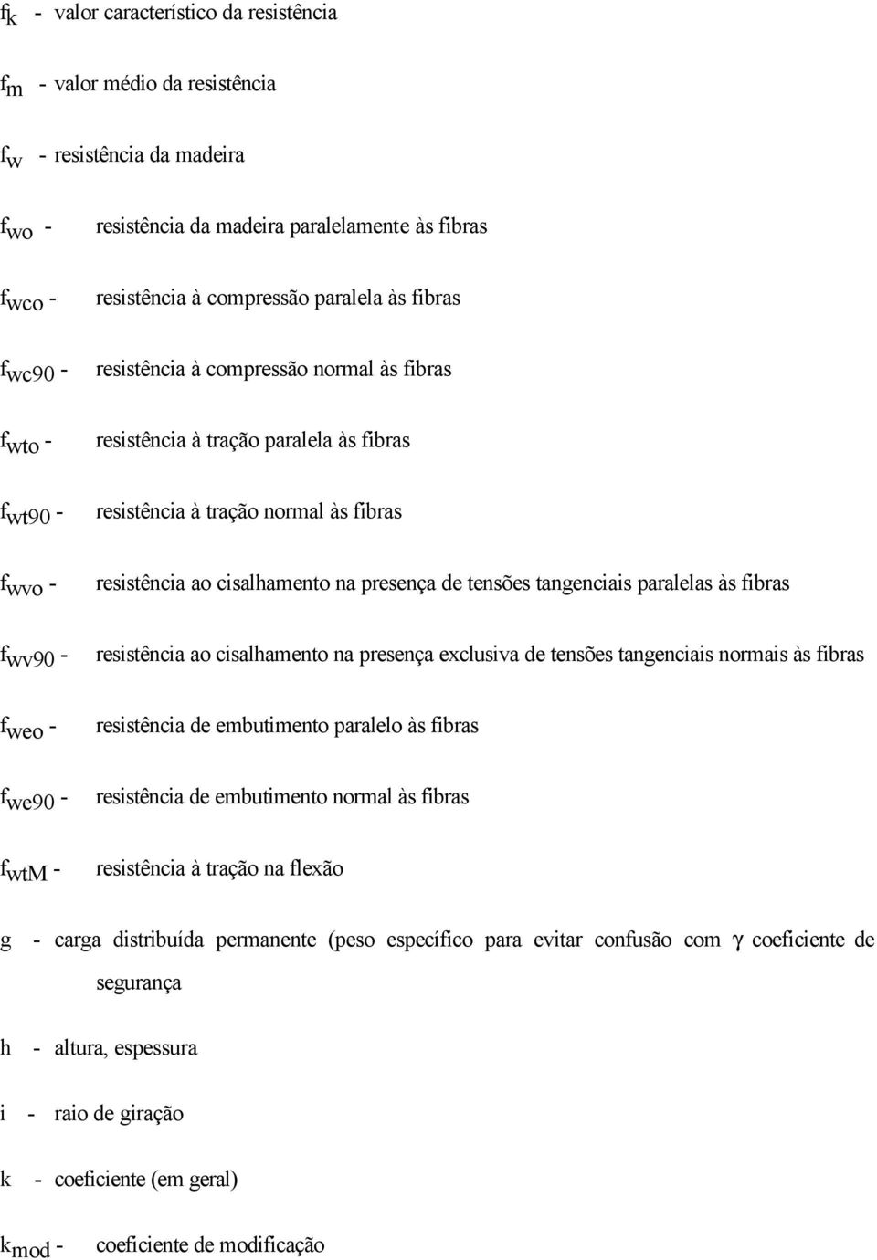 presença de tensões tangenciais paralelas às fibras f wv90 - resistência ao cisalhamento na presença exclusiva de tensões tangenciais normais às fibras f weo - resistência de embutimento paralelo às