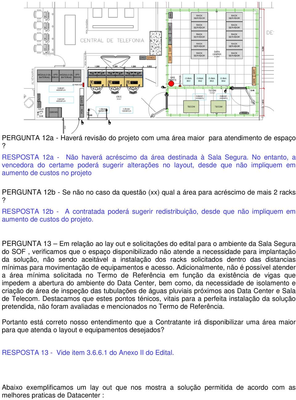 acréscimo de mais 2 racks? RESPOSTA 12b - A contratada poderá sugerir redistribuição, desde que não impliquem em aumento de custos do projeto.