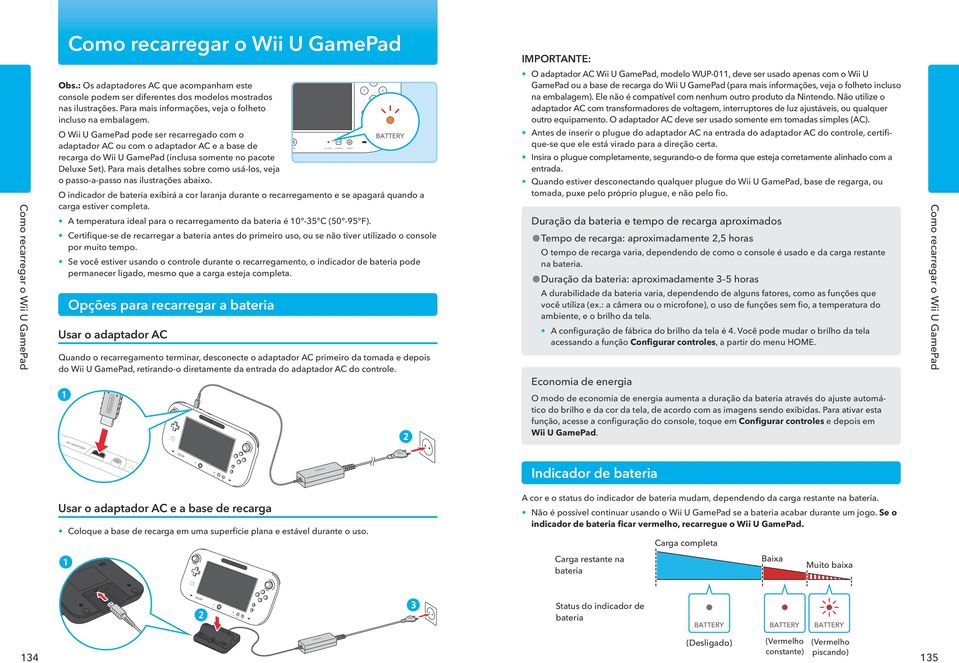 O Wii U GamePad pode ser recarregado com o adaptador AC ou com o adaptador AC e a base de recarga do Wii U GamePad (inclusa somente no pacote Deluxe Set).