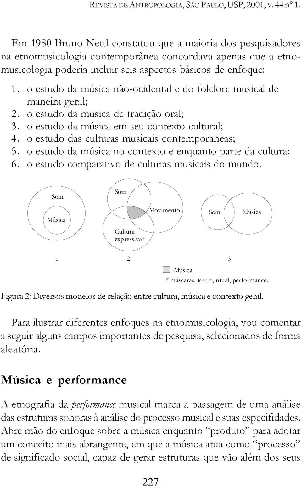 o estudo da música não-ocidental e do folclore musical de maneira geral; 2. o estudo da música de tradição oral; 3. o estudo da música em seu contexto cultural; 4.