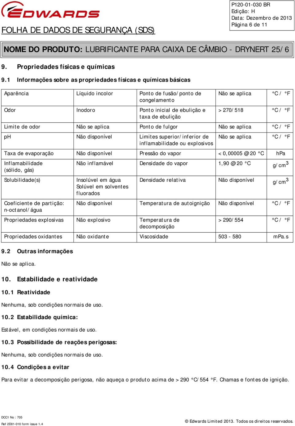 2 Outras informações 10. Estabilidade e reatividade 10.1 Reatividade Nenhuma, sob condições normais de uso. 10.2 Estabilidade química: Estável, em condições normais de uso. 10.3 Possibilidade de reações perigosas: Nenhuma, sob condições normais de uso.