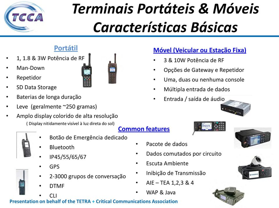 nitidamente visível à luz direta do sol) Terminais Portáteis & Móveis Características Básicas Common features Móvel (Veicular ou Estação Fixa) 3 & 10W Potência de RF