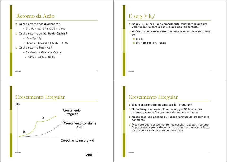 % Qual o retorno Total(k )? = Dividendo + Ganho de Capital = 7.% + 6.% = 3.