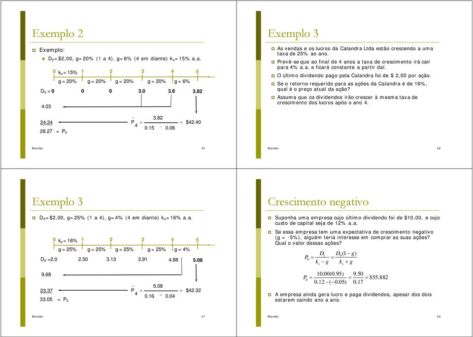 Se o retorno requerido para a açõe da Calandra é de 6%, qual é o preço atual da ação? Auma que o dividendo irão crecer à mema taxa de crecimento do lucro apó o ano 4. 24.24 28.27 = 3.82 = 4.5 =.6 $42.