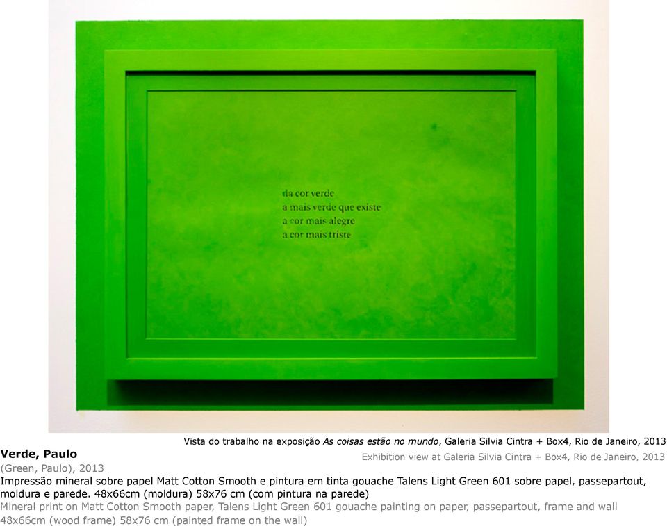 gouache Talens Light Green 601 sobre papel, passepartout, moldura e parede.