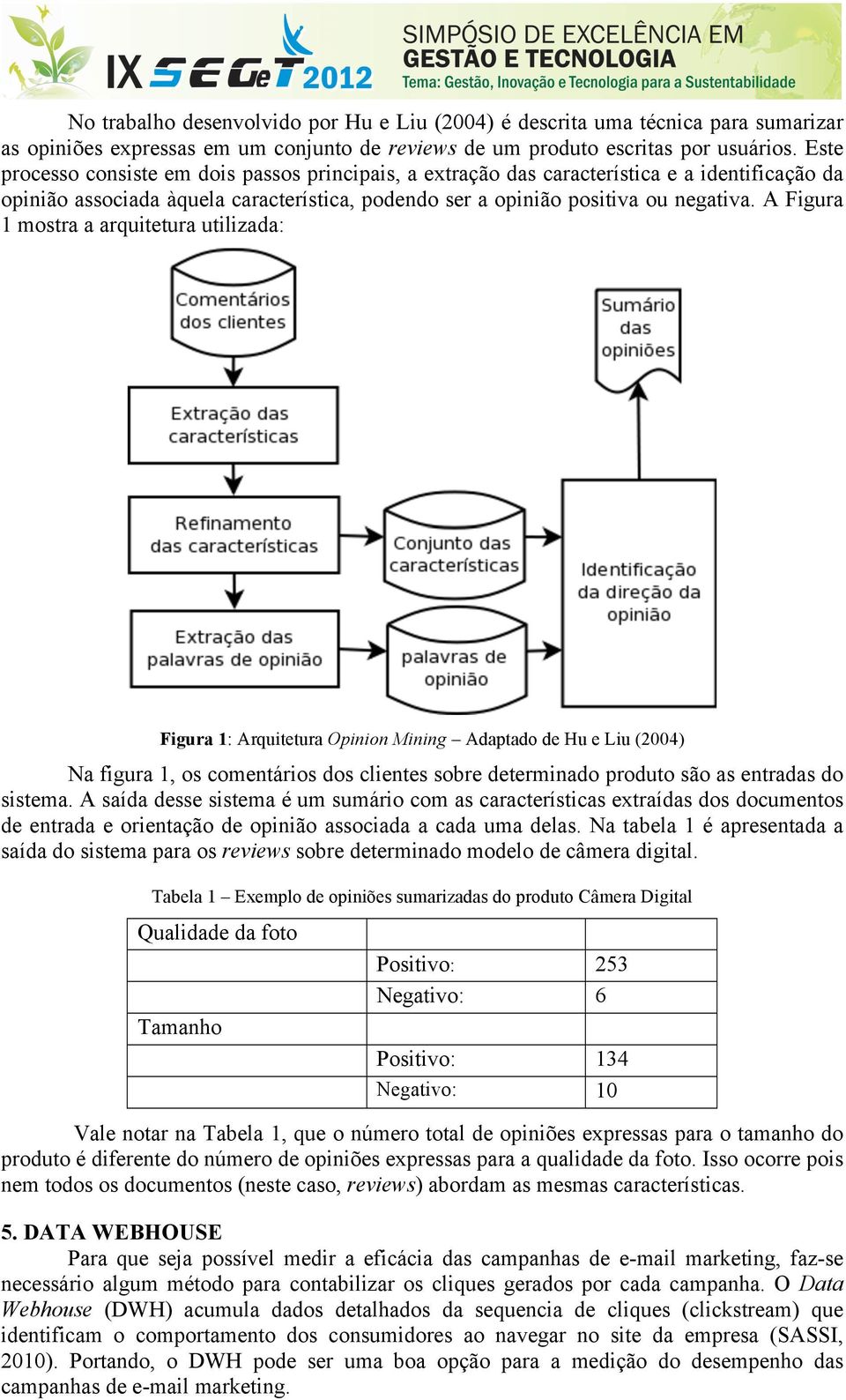 A Figura 1 mostra a arquitetura utilizada: Figura 1: Arquitetura Opinion Mining Adaptado de Hu e Liu (2004) Na figura 1, os comentários dos clientes sobre determinado produto são as entradas do