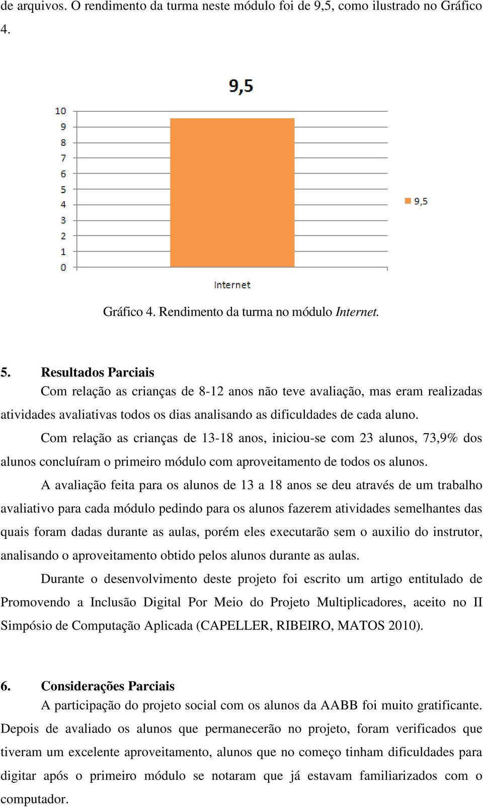 Com relação as crianças de 13-18 anos, iniciou-se com 23 alunos, 73,9% dos alunos concluíram o primeiro módulo com aproveitamento de todos os alunos.