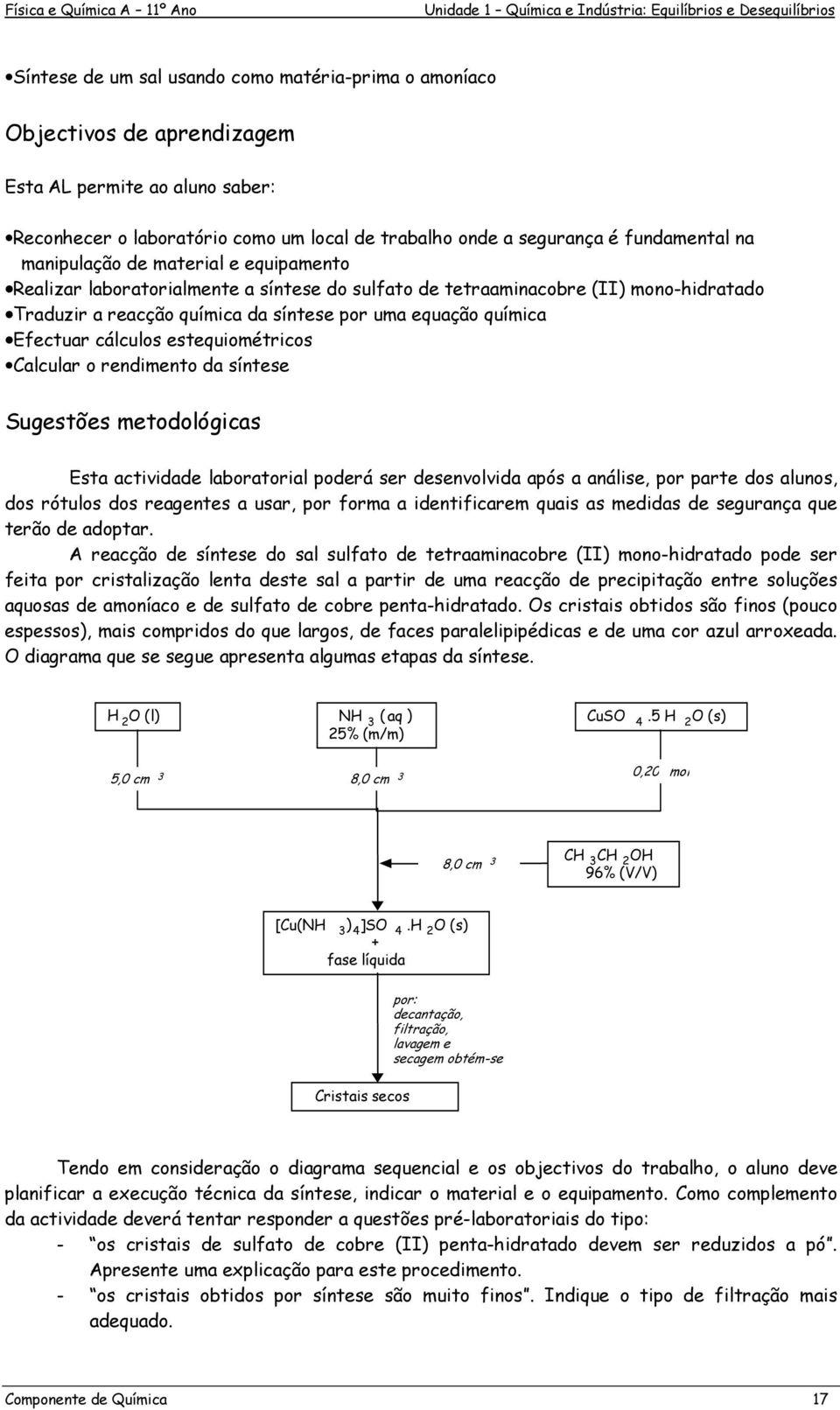 reacção química da síntese por uma equação química Efectuar cálculos estequiométricos Calcular o rendimento da síntese Sugestões metodológicas Esta actividade laboratorial poderá ser desenvolvida