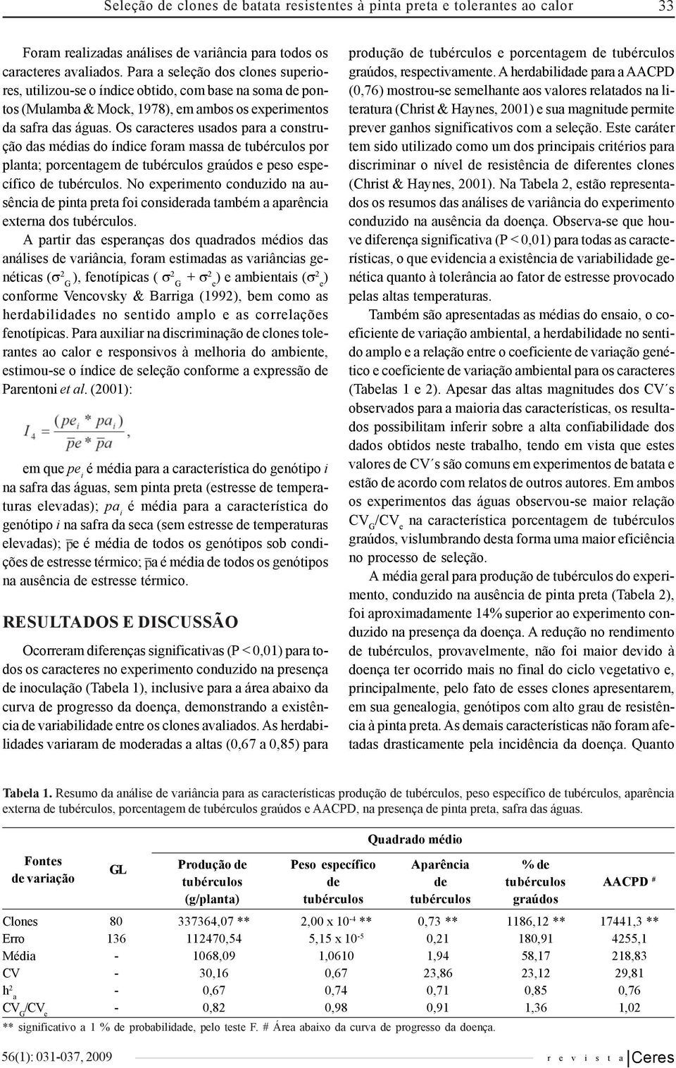 Os caracteres usados para a construção das médias do índice foram massa por planta; porcentagem graúdos e peso específico.