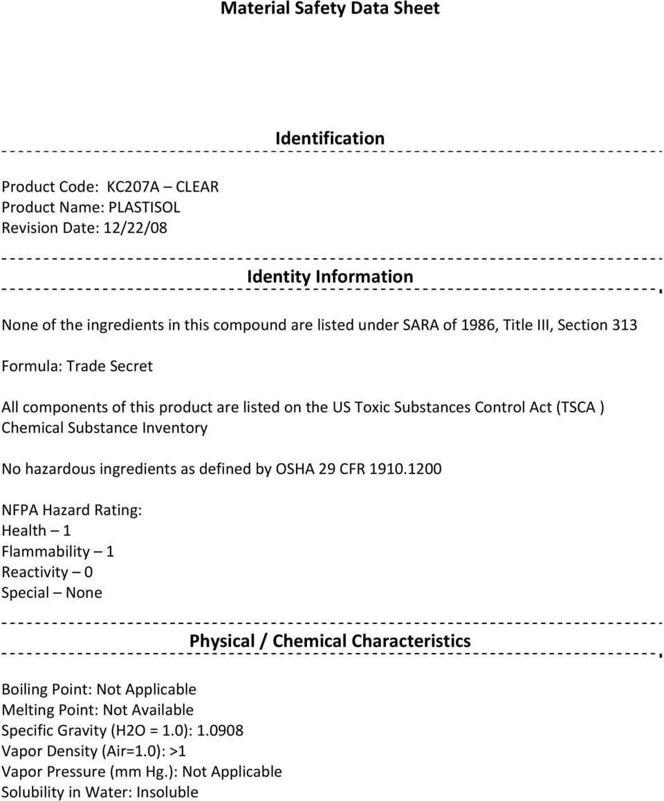 Inventory No hazardous ingredients as defined by OSHA 29 CFR 1910.