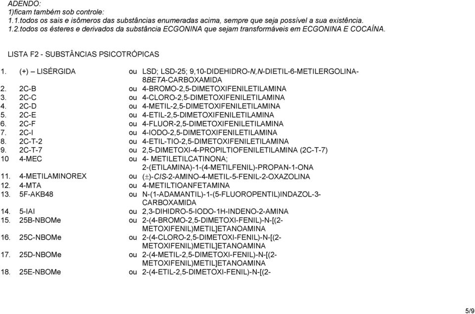 (+) LISÉRGIDA ou LSD; LSD-25; 9,10-DIDEHIDRO-N,N-DIETIL-6-METILERGOLINA- 8BETA-CARBOXAMIDA 2. 2C-B ou 4-BROMO-2,5-DIMETOXIFENILETILAMINA 3. 2C-C ou 4-CLORO-2,5-DIMETOXIFENILETILAMINA 4.