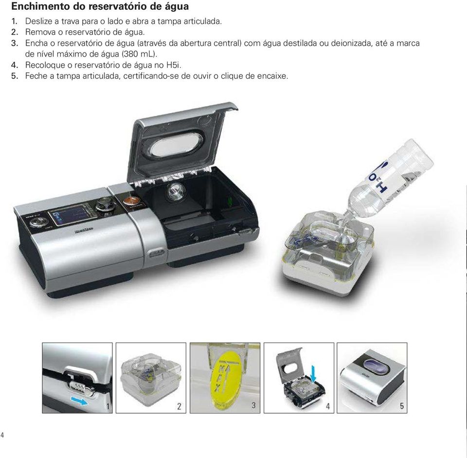 Encha o reservatório de água (através da abertura central) com água destilada ou deionizada, até