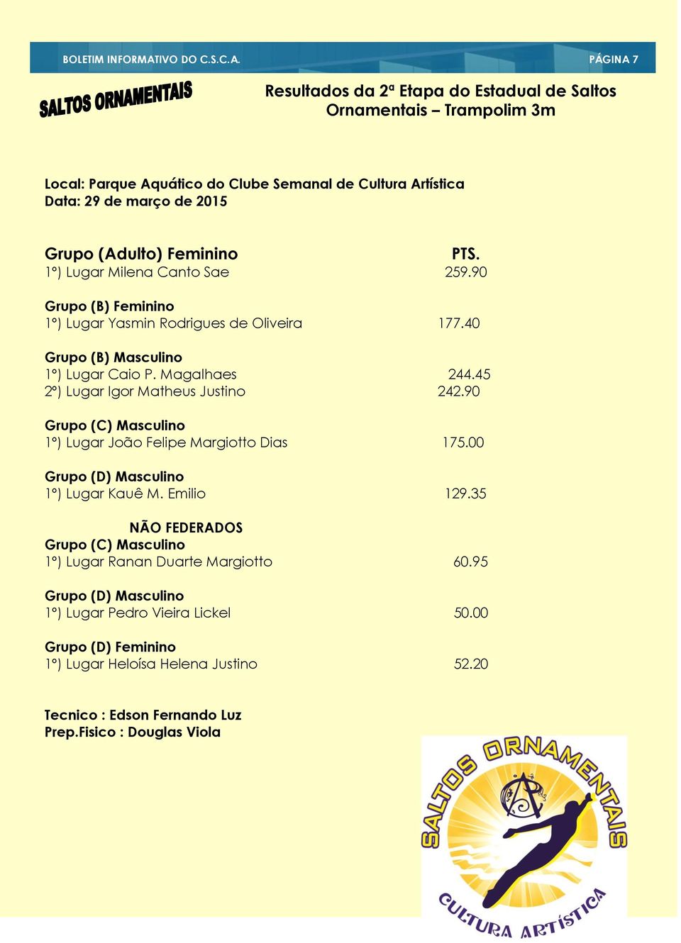 PÁGINA 7 Resultados da 2ª Etapa do Estadual de Saltos Ornamentais Trampolim 3m Local: Parque Aquático do Clube Semanal de Cultura Artística Data: 29 de março de 2015 Grupo (Adulto) Feminino PTS.