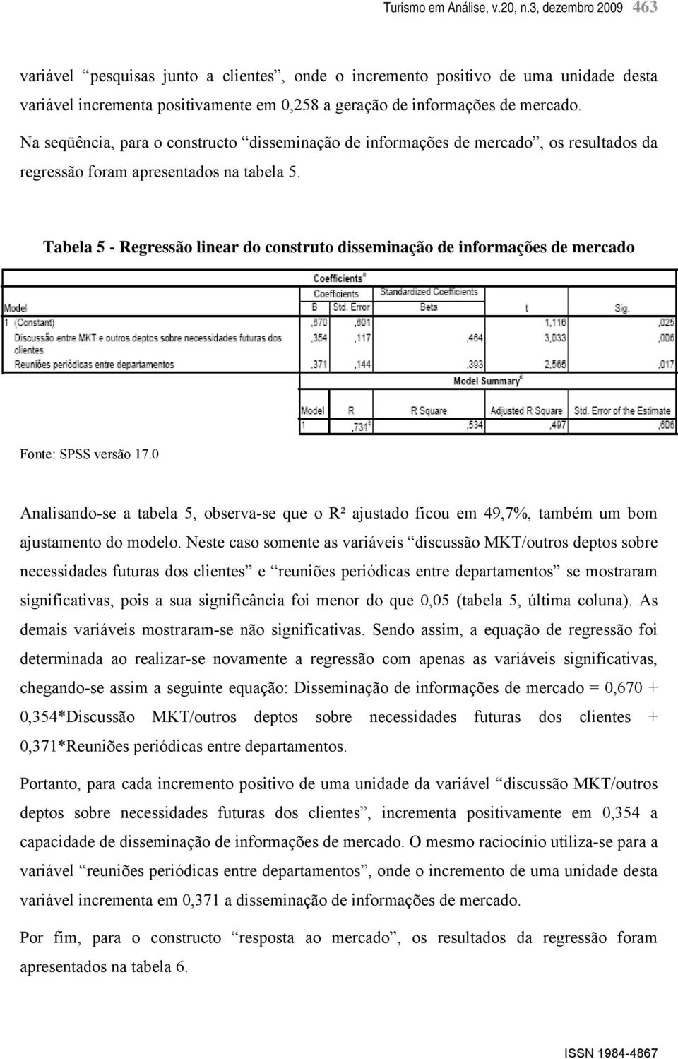 Na seqüência, para o constructo disseminação de informações de mercado, os resultados da regressão foram apresentados na tabela 5.