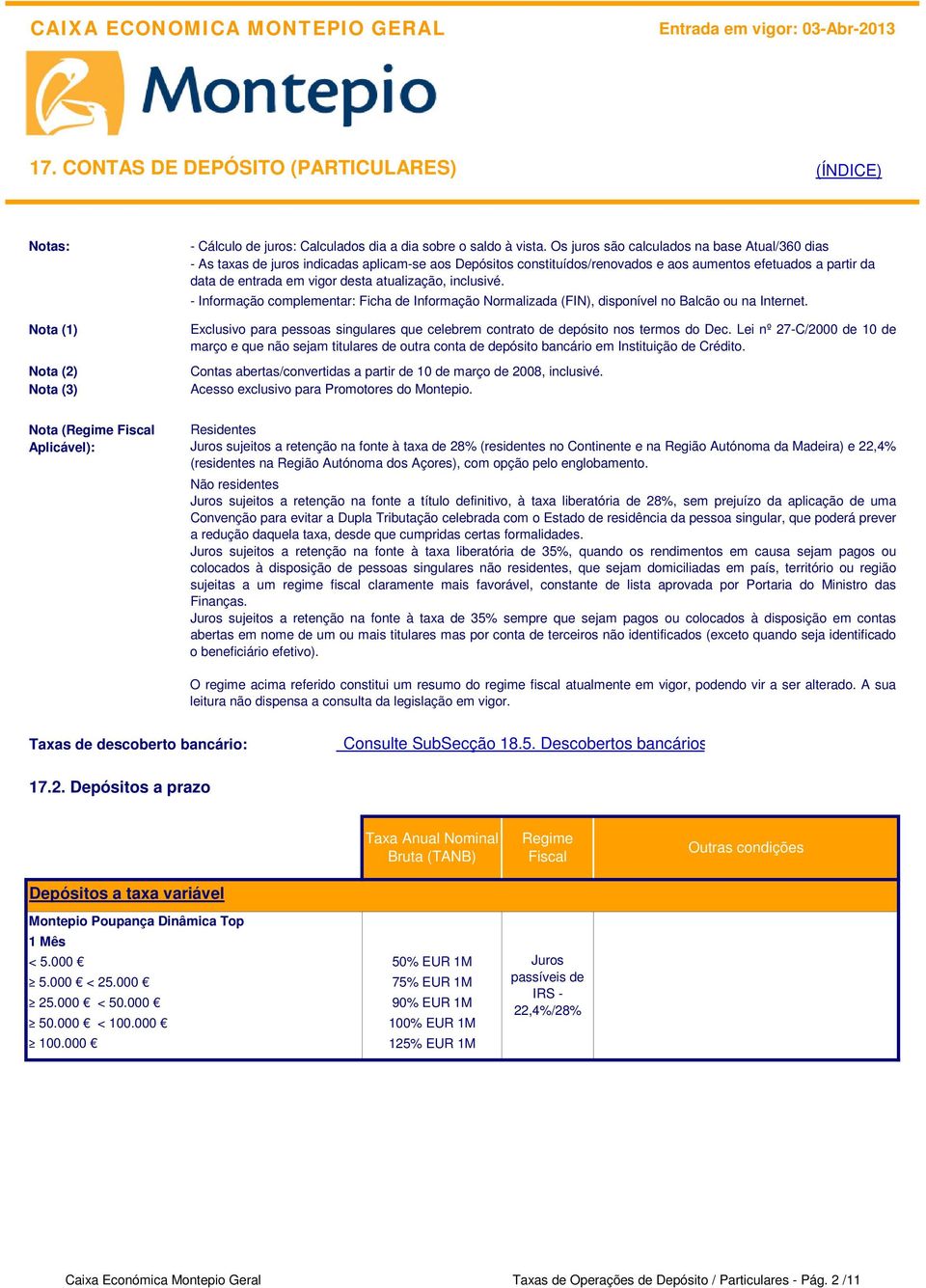 atualização, inclusivé. - Informação complementar: Ficha de Informação Normalizada (FIN), disponível no Balcão ou na Internet.