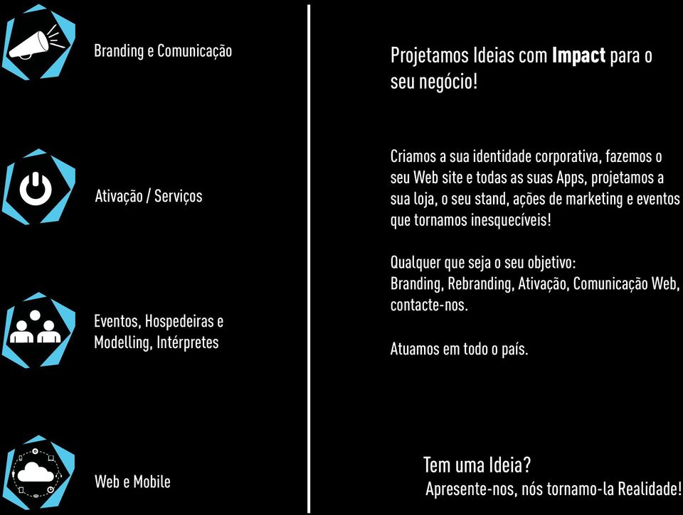 site e todas as suas Apps, projetamos a sua loja, o seu stand, ações de marketing e eventos que tornamos inesquecíveis!