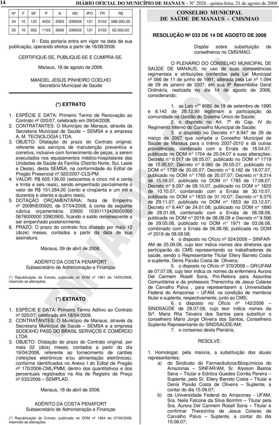 Secretário Municipal de Saúde (*) EXTRATO 1. ESPÉCIE E DATA: Primeiro Termo de Renovação ao Contrato nº 020/07, celebrado em 09/04/2008. 2.