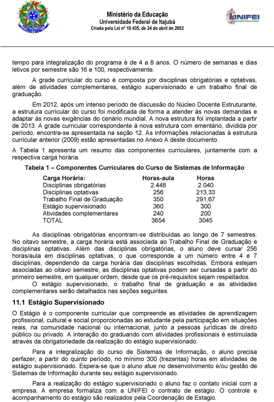 Em 2012, após um intenso período de discussão do Núcleo Docente Estruturante, a estrutura curricular do curso foi modificada de forma a atender às novas demandas e adaptar às novas exigências do