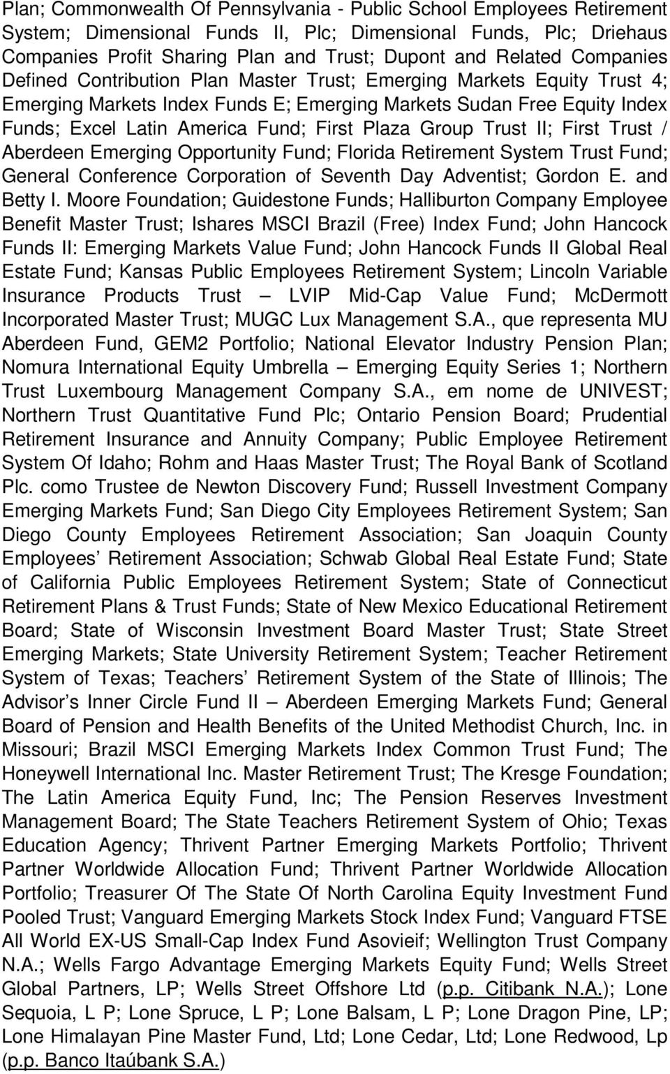 Plaza Group Trust II; First Trust / Aberdeen Emerging Opportunity Fund; Florida Retirement System Trust Fund; General Conference Corporation of Seventh Day Adventist; Gordon E. and Betty I.