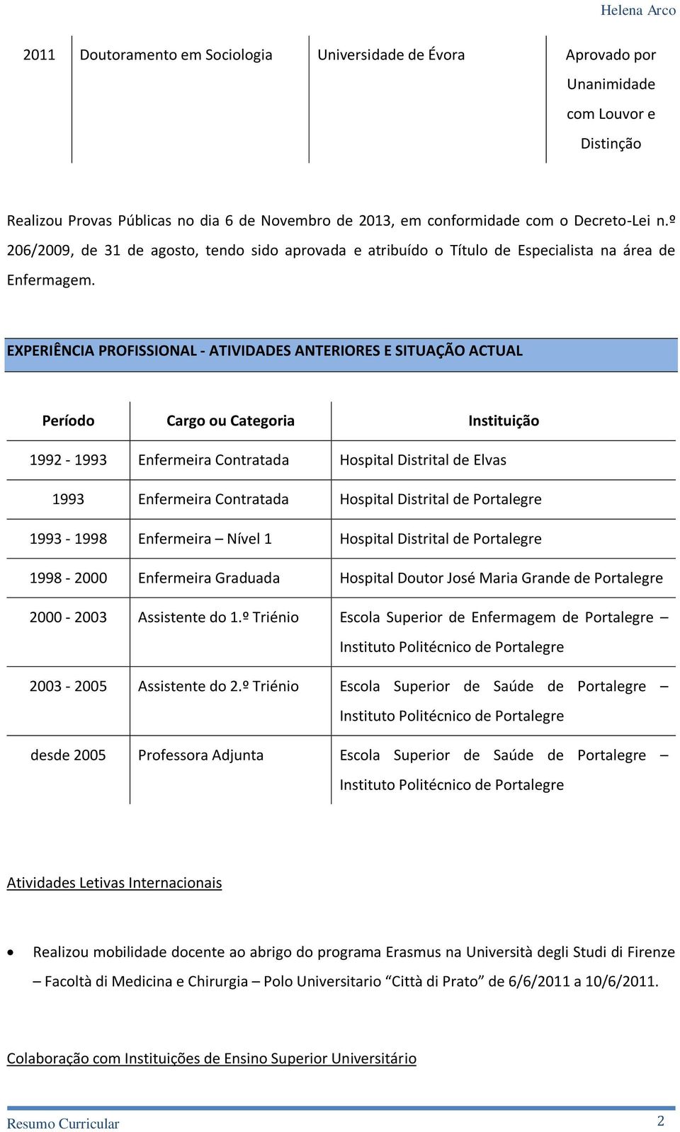 EXPERIÊNCIA PROFISSIONAL - ATIVIDADES ANTERIORES E SITUAÇÃO ACTUAL Período Cargo ou Categoria Instituição 1992-1993 Enfermeira Contratada Hospital Distrital de Elvas 1993 Enfermeira Contratada