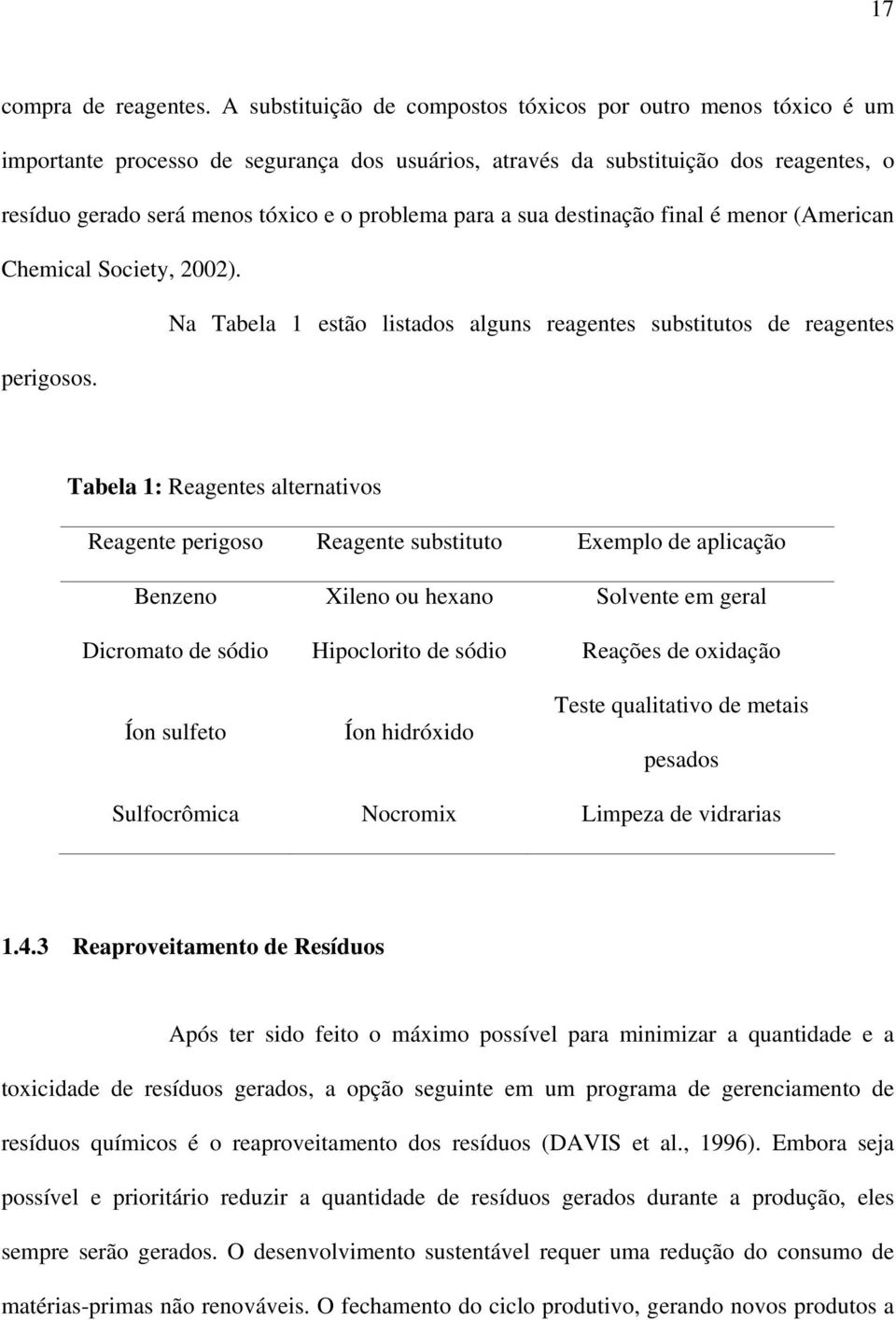 para a sua destinação final é menor (American Chemical Society, 2002). Na Tabela 1 estão listados alguns reagentes substitutos de reagentes perigosos.