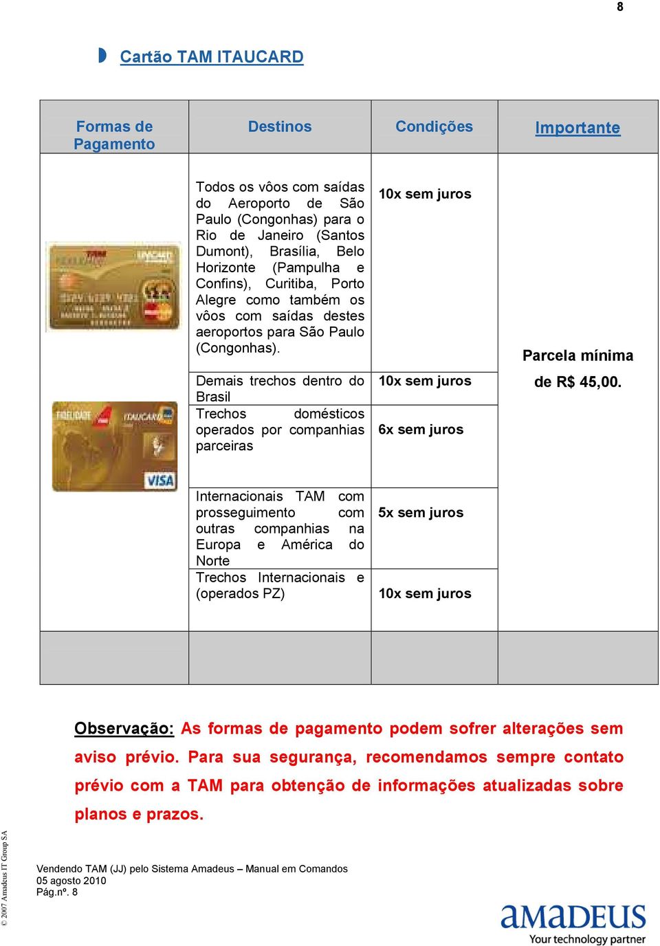 Demais trechos dentro do Brasil Trechos domésticos operados por companhias parceiras 10x sem juros 10x sem juros 6x sem juros Parcela mínima de R$ 45,00.