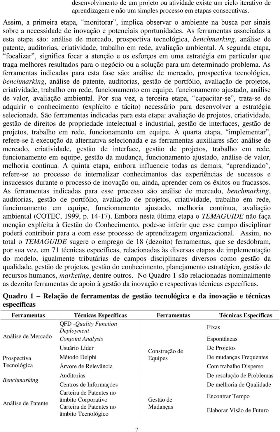 As ferramentas associadas a esta etapa são: análise de mercado, prospectiva tecnológica, benchmarking, análise de patente, auditorias, criatividade, trabalho em rede, avaliação ambiental.