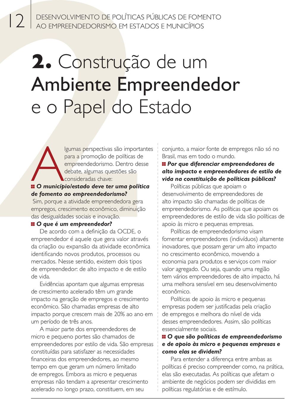 Dentro desse debate, algumas questões são consideradas chave: O município/estado deve ter uma política de fomento ao empreendedorismo?