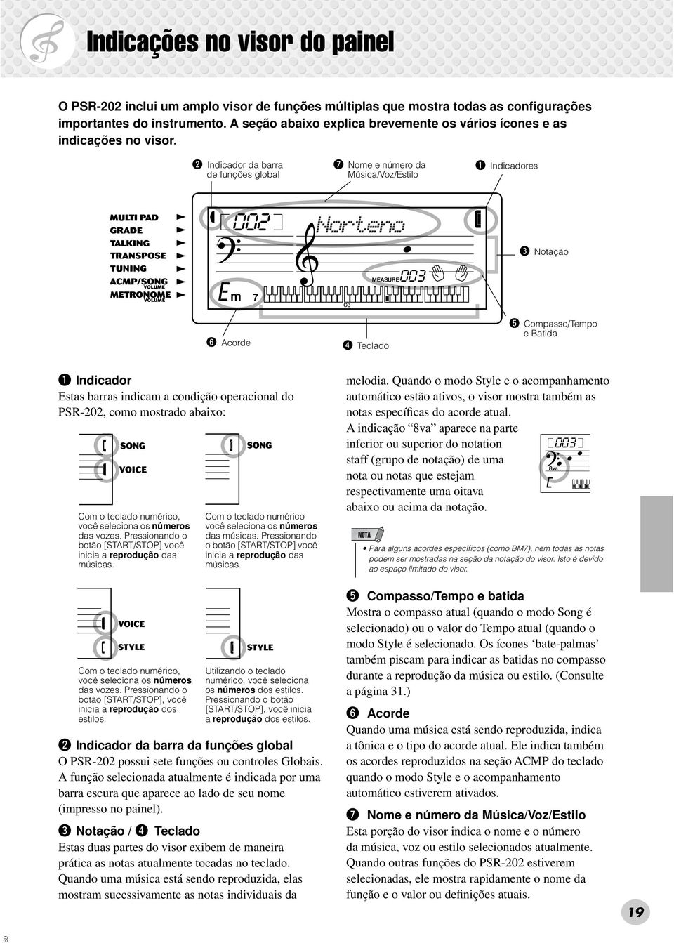 w Indicador da barra de funções global u Nome e número da Música/Voz/Estilo q Indicadores 002 Norteno 003 e Notação y Acorde r Teclado t Compasso/Tempo e Batida q Indicador Estas barras indicam a