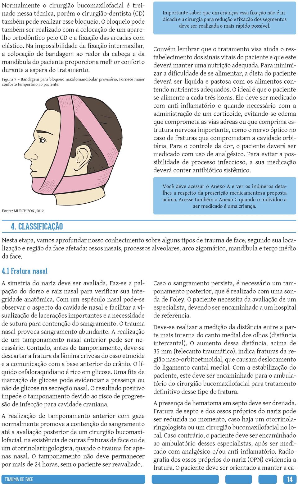 Na impossibilidade da fixação intermaxilar, a colocação de bandagem ao redor da cabeça e da mandíbula do paciente proporciona melhor conforto durante a espera do tratamento.